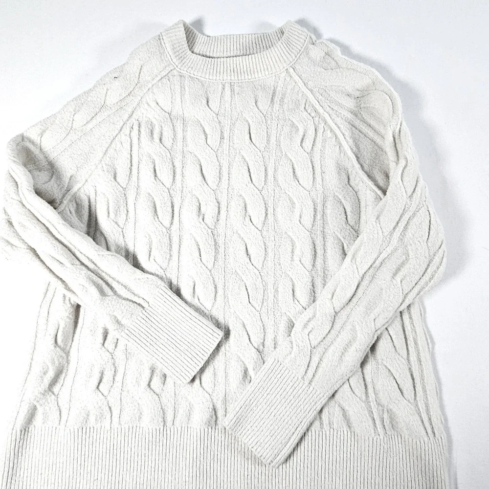Aerie Womens Cream White Cable Knit Crew Neck Raglan Sweater Size Small